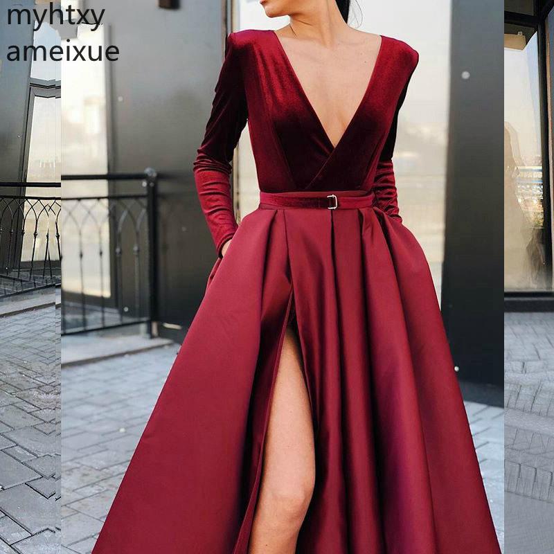 Изображение товара: Женское длинное вечернее платье, элегантное красное платье в арабском стиле с V-образным вырезом и длинным рукавом, цвет Бургунди, 2021