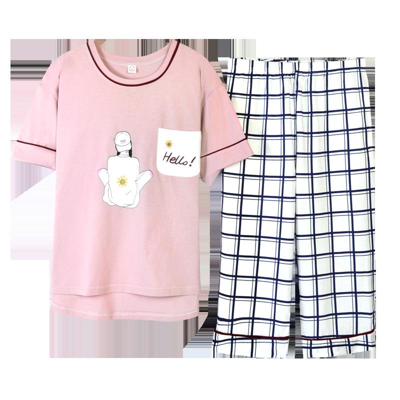 Изображение товара: Женские пижамы, летние корейские хлопковые новые милые брюки до щиколотки с коротким рукавом, удобные повседневные пижамные комплекты из двух предметов