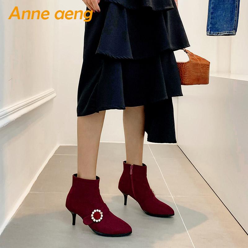 Изображение товара: 2019 г. новые зимние женские ботильоны пикантная женская обувь на высоком тонком каблуке, на молнии, с кристаллами и пряжкой Красные Теплые ботинки Большие размеры 33-46