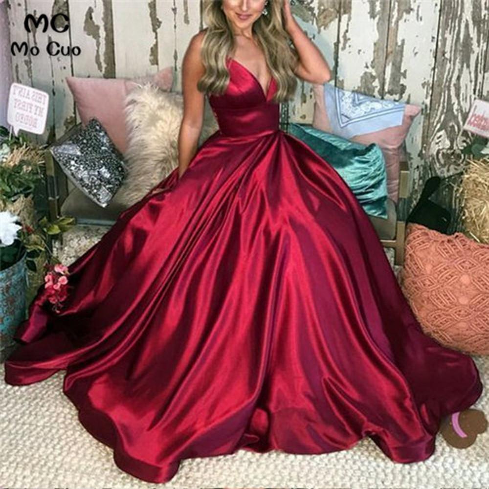 Изображение товара: Женское атласное платье на тонких бретельках, длинное вечернее платье цвета красного вина с карманами, со шнуровкой сзади, платье для выпускного вечера