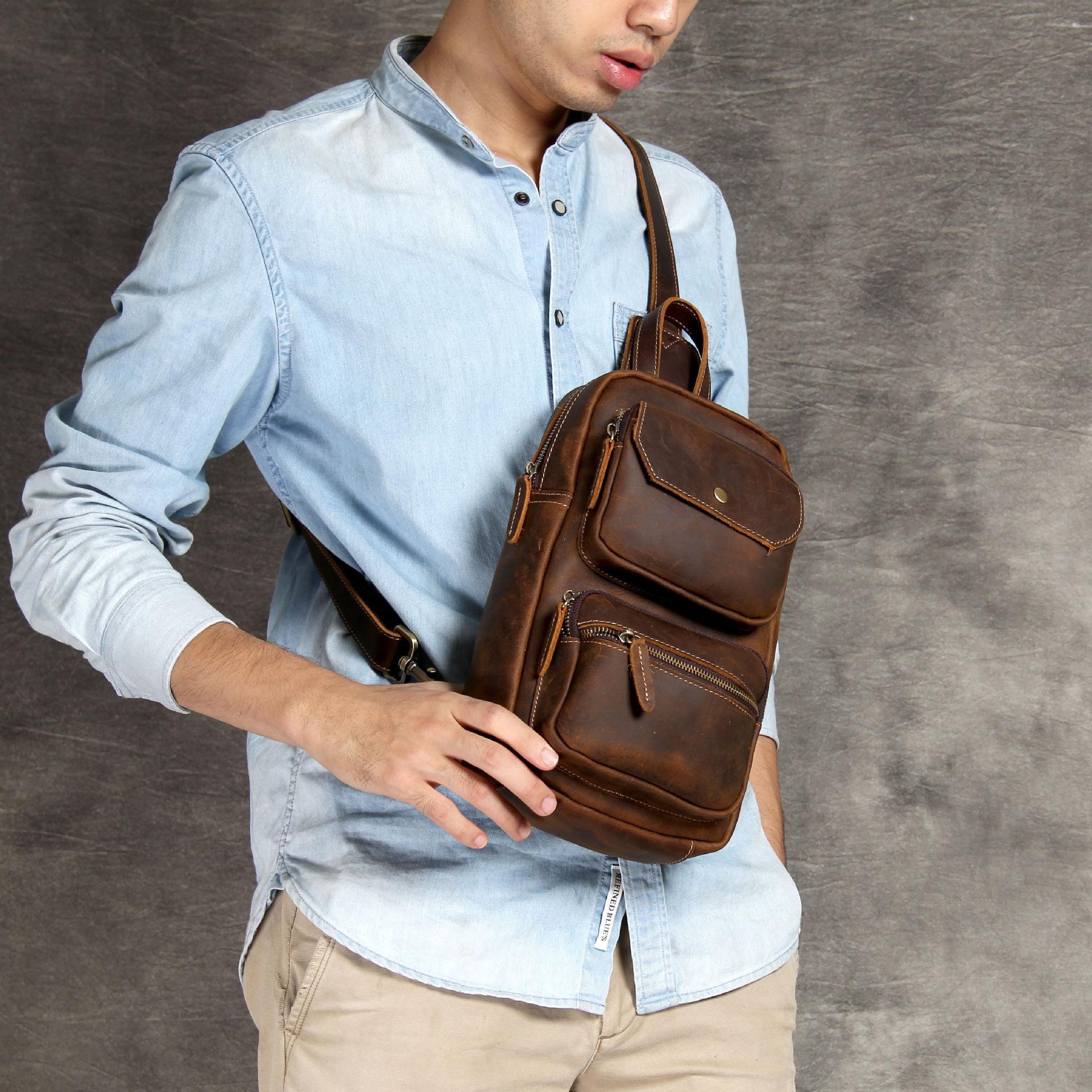 Изображение товара: Нагрудная сумка из воловьей кожи для мужчин, винтажная Повседневная сумочка ручной работы через плечо в стиле ретро, 5 дней