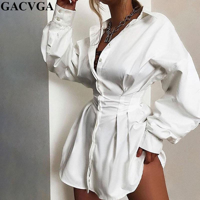 Изображение товара: Женское Хлопковое платье-рубашка GACVGA, белое, черное свободное осеннее платье с длинным рукавом, Клубная уличная одежда, сексуальные мини-платья для вечерние, 2019