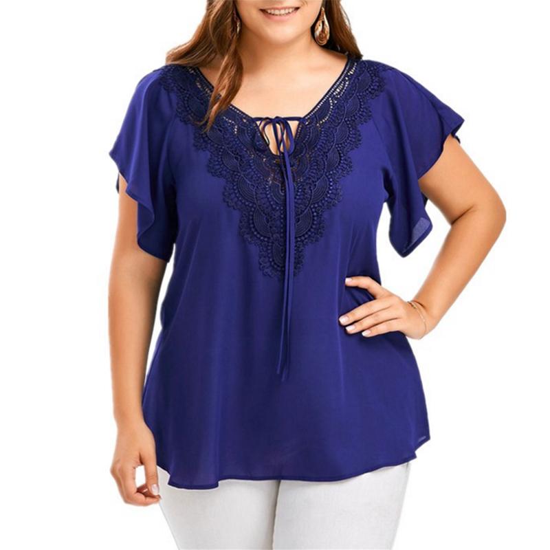 Изображение товара: Женские топы с расклешенными рукавами, однотонные, лето размера плюс, футболка, кружевная блузка, XL-5XL