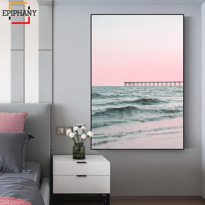 Изображение товара: Современная картина с изображением океана, Картина на холсте, пляж, розовые волны закат, пейзаж, плакаты, настенные картины для гостиной