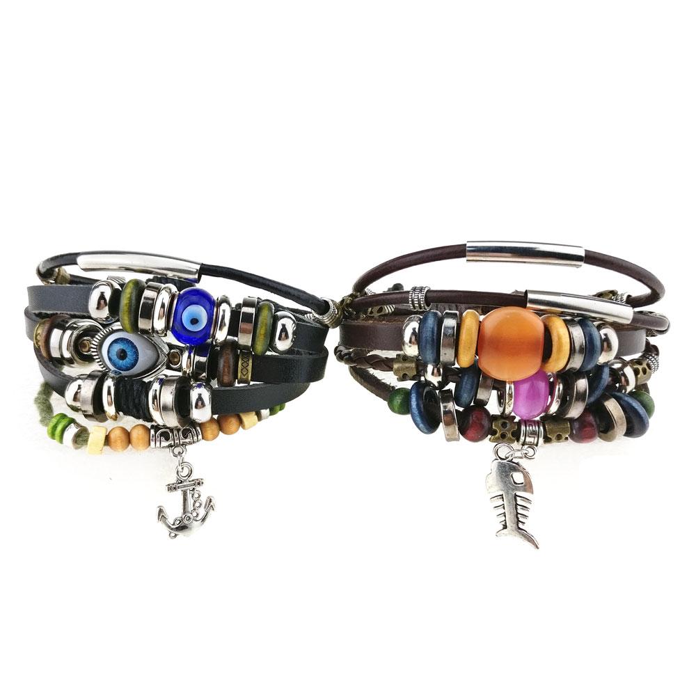 Изображение товара: Винтажные браслеты в стиле панк, многослойный кожаный браслет с шармами «рыбий глаз», браслеты с бусинами для мужчин и женщин, индивидуальный подарок, 2 шт.