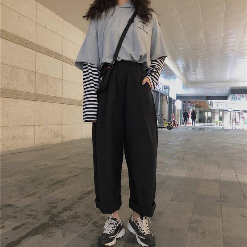 Изображение товара: Черные свободные брюки с высокой талией, уличная одежда, женские повседневные брюки, лоскутные брюки, модные осенние корейские брюки
