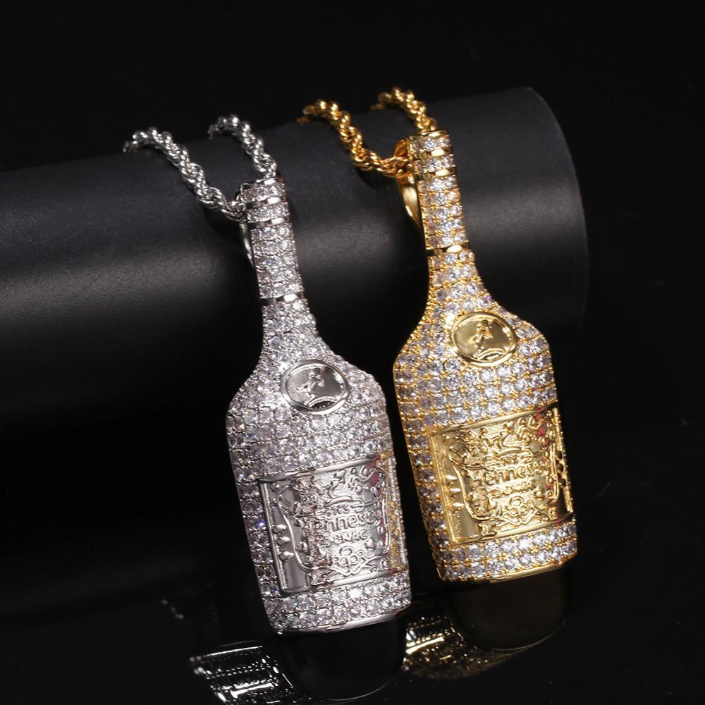 Изображение товара: Ожерелье для мужчин, в стиле хип-хоп, AAA, циркониевый камень CZ, украшенное льдом, подвеска в виде бутылки виски, вина, рэпер, ювелирные изделия, золотого цвета