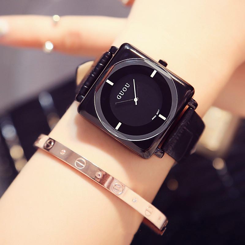 Изображение товара: Часы Guou женские наручные с квадратным циферблатом, роскошные брендовые Простые Модные, с кожаным ремешком, черные