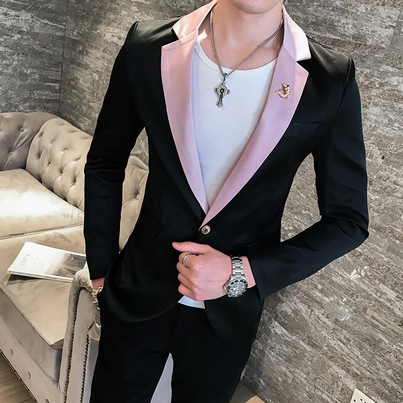 Изображение товара: Костюм для ночного клуба Мужской Блейзер Xadrez Masculino приталенный осень 2019 розовый блейзер с воротником повседневный мужской Королевский синий костюм черный