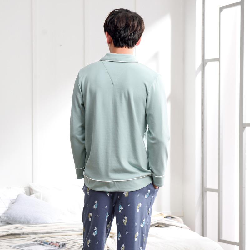 Изображение товара: Мужские осенние хлопковые брюки с длинным рукавом, пижама, новинка 2019, комплект из двух предметов, простые хлопковые зимние мужские пижамные комплекты с лацканами, мужские пижамы