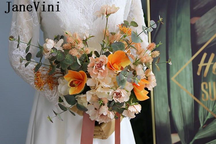 Изображение товара: JaneVini 2019 оранжевые свадебные букеты для подружек невесты Cymbidium Eucalyptus Свадебный Шелковый цветочный букет Шампань Флер мариейдж