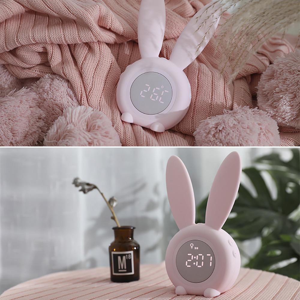 Изображение товара: Светодиодный цифровой будильник с милыми заячьими ушками, электронный USB звуковой контроль, ночник с кроликом, настольные часы, украшение для дома