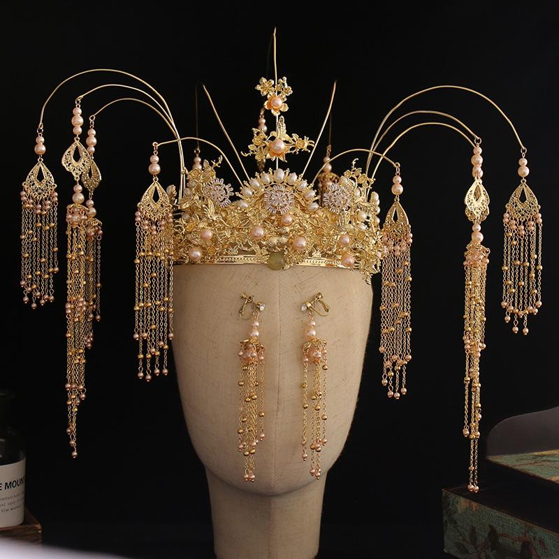 Изображение товара: Роскошные шпильки для волос jaevini с серьгами, Золотая свадебная корона, головной убор с жемчугом, женские аксессуары для костюма, корона, костюм