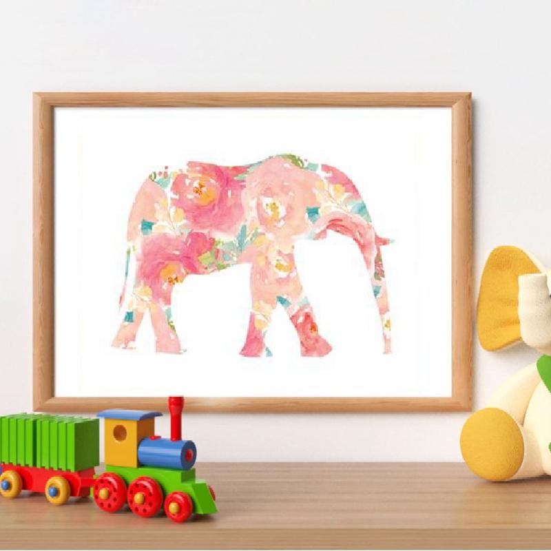 Изображение товара: Слон, цветочный акварель, Художественная Картина на холсте, детская Настенная картина, Декор, розовый слон, цветок, плакат, принты, украшение детской комнаты