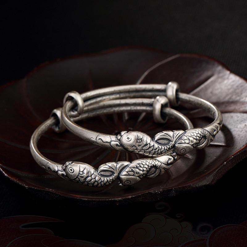 Изображение товара: Uglyless 1 пара тайские серебряные подарки рыбы браслеты для новорожденных малышей 99.9% полностью серебряные Push-pull регулируемые браслеты традиционные