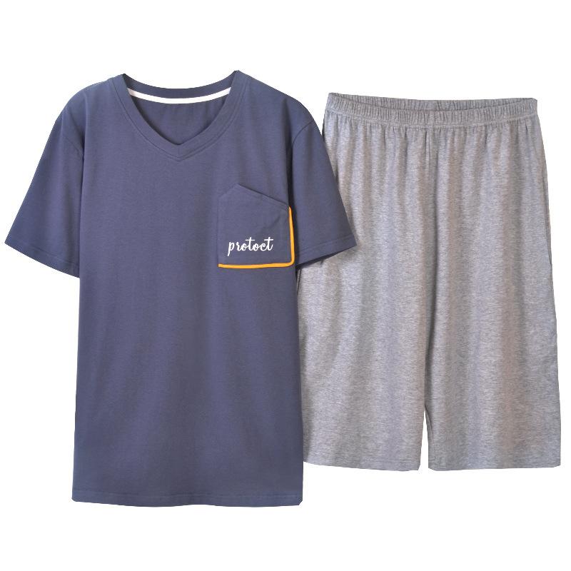 Изображение товара: Пижама мужская хлопковая в Корейском стиле, Повседневный пуловер, шорты с коротким рукавом, тонкий комплект из двух предметов, мужская пижама, одежда для сна, лето