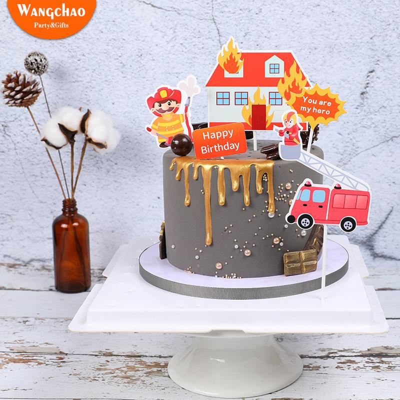 Изображение товара: 1 комплект пожарные двигатели лестницы город героев тема торт Топпер счастливые украшения для торта на день рождения День отца торт Топпер