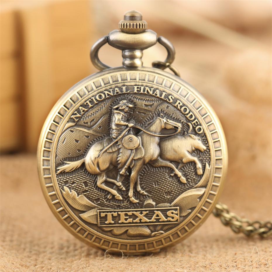 Изображение товара: Сувенирные часы с изображением национального Техаса, дизайнерские кварцевые карманные часы Rodeo, часы с ожерельем в ретро стиле охотников