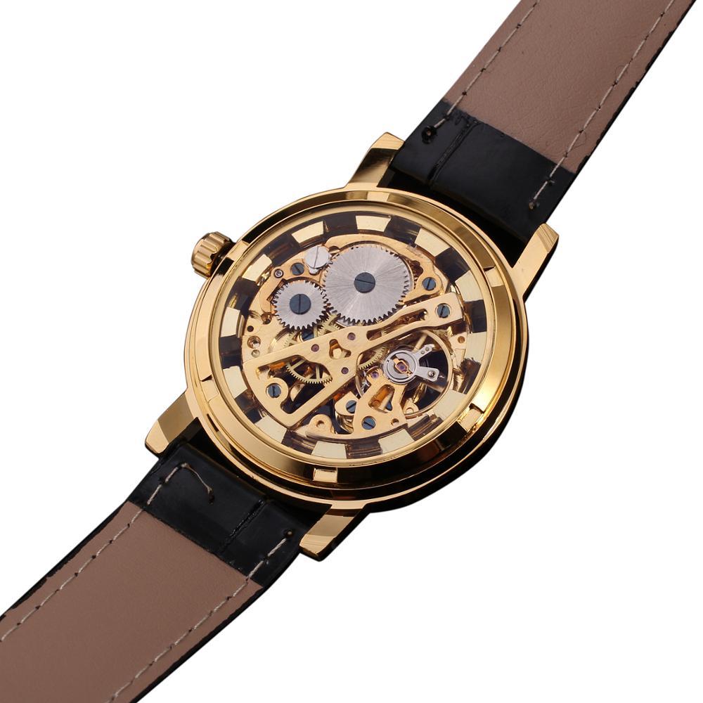 Изображение товара: Часы WINNER с уникальной поверхностью, золотые арабские цифры, без цифрового циферблата, черный кожаный ремешок, мужские механические часы
