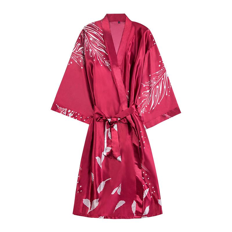Изображение товара: Женский атласный пикантный халат-кимоно, Шелковый банный халат до колена для подружки невесты, банный халат с листьями, женский халат для невесты
