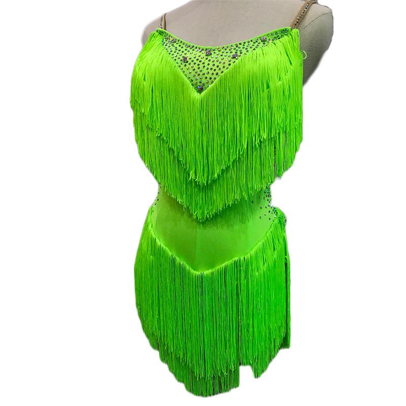 Изображение товара: Платье для латинских танцев, неоново-зеленое платье для танцев Танго, сальсы, ГОГО, танцевальный костюм, вечерние танцевальные костюмы с бахромой, платье для латинских танцев BL2