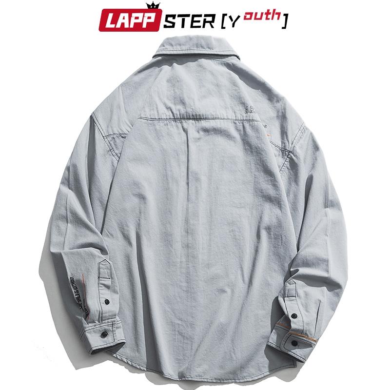 Изображение товара: Рубашка LAPPSTER Мужская в стиле Харадзюку, уличная одежда в Корейском стиле, винтажная Повседневная дизайнерская рубашка с длинным рукавом, с карманами, в стиле хип-хоп, 2XL, 2022