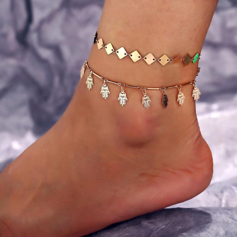 Изображение товара: 2 шт./компл. свисающие ножные браслеты для женщин металлические листы ножной браслет золотые индийские ювелирные изделия Лето Пляж 2019 Мода фестиваль аксессуары Mujer
