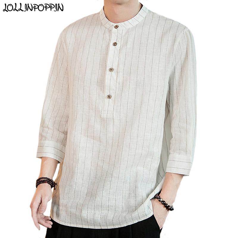 Изображение товара: Рубашка Мужская льняная с воротником-стойкой, полосатая сорочка с асимметричным низом, Сорочка свободного покроя из хлопка и льна, на пуговицах, повседневная