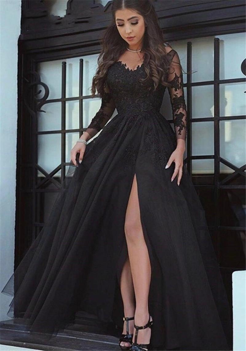 Изображение товара: Черное мягкое Тюлевое вечернее платье с V-образным вырезом и длинными рукавами, с кружевной аппликацией по бокам, платье для выпускного вечера, модель 2021