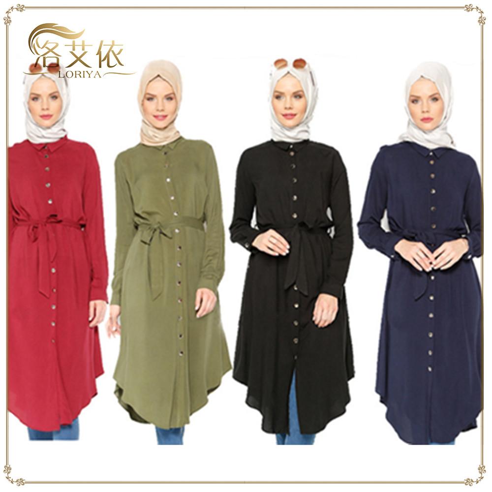 Изображение товара: Повседневная мусульманская блузка, женские топы, рубашка, платье с поясом, длинное платье, халат, платья Jubah Ramadan, Арабский Дубай, кафтан, исламский стиль, одежда