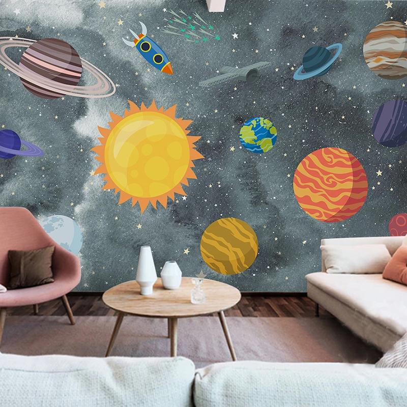 Изображение товара: Пользовательские 3D Настенные обои мультфильм ручная роспись Вселенная планета ракета детская комната спальня Водонепроницаемый самоклеющиеся наклейки на стену