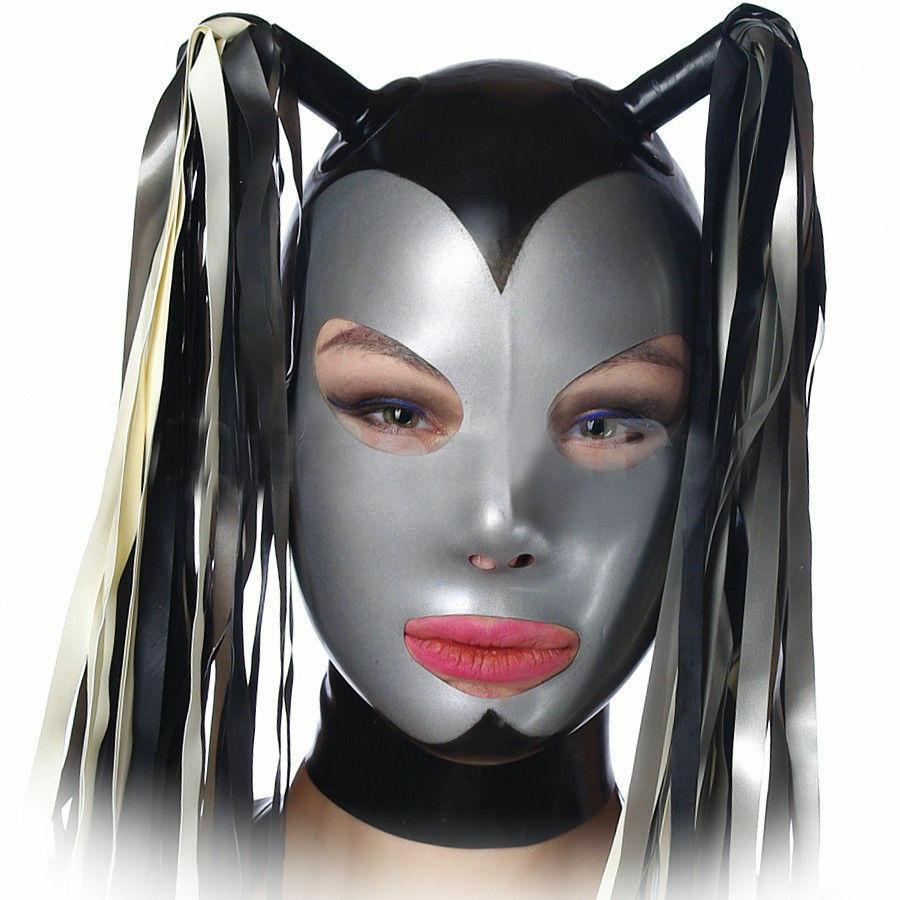 Изображение товара: Пикантные Латекс резиновая маска с хвостами для комбинезон унисекс праздничная одежда bdsm collar БДСМ секс маска bdsm капюшон БДСМ