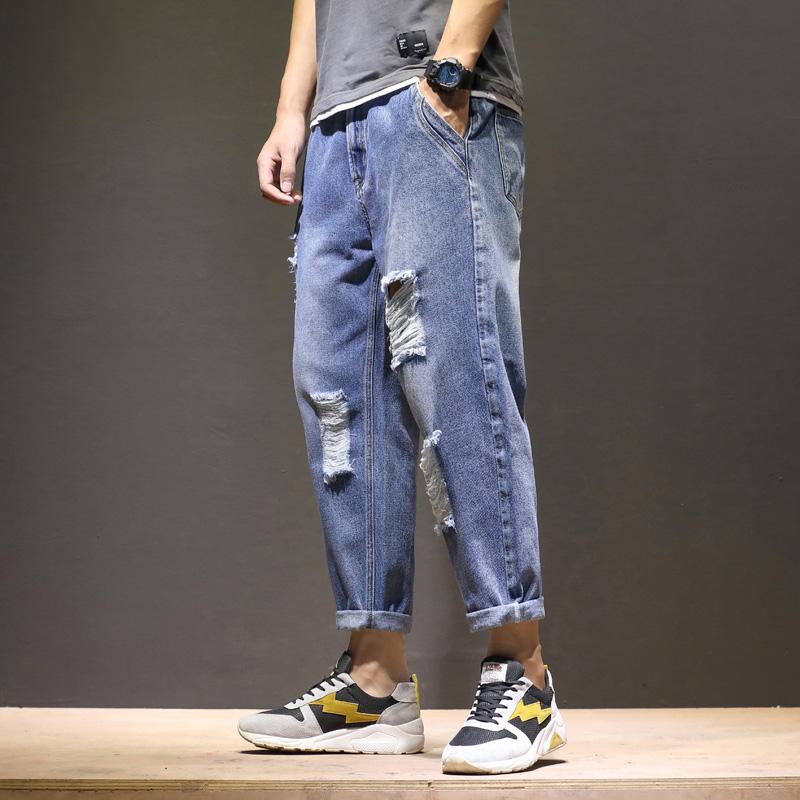 Изображение товара: Джинсы мужские прямые, Модные Узкие рваные джинсы в уличном стиле, Стрейчевые удобные дышащие, большие размеры