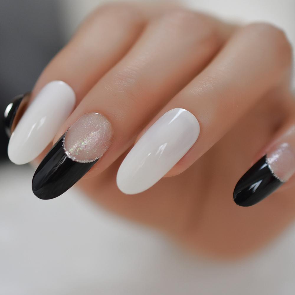 Изображение товара: Длинные овальные черные и белые накладные ногти, сверкающие блестящие накладные ногти, дизайнерские накладные ногти, элегантные уникальные накладные ногти
