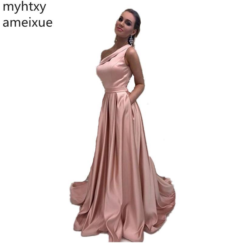 Изображение товара: Женское атласное вечернее платье, розовое длинное ТРАПЕЦИЕВИДНОЕ ПЛАТЬЕ до пола со шлейфом на одно плечо, 2021