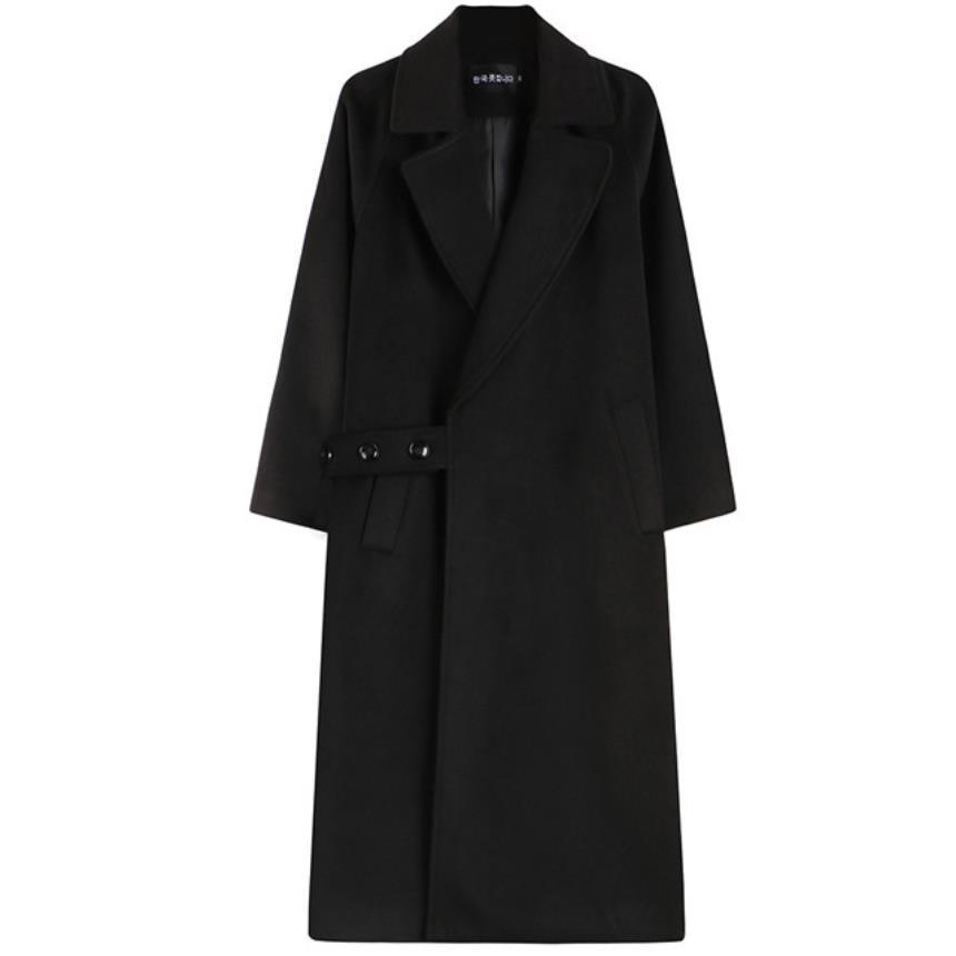 Изображение товара: Осенне-зимнее Модное новое шерстяное пальто, женское Свободное длинное шерстяное пальто со шнуровкой и отложным воротником