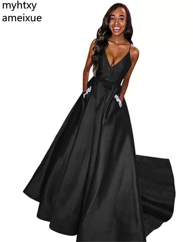 Изображение товара: New V-neck Spaghetti Straps A-line Crystal Beaded Satin Women Multicolor Evening Dresses Pocket Simple Style Party Prom Gown