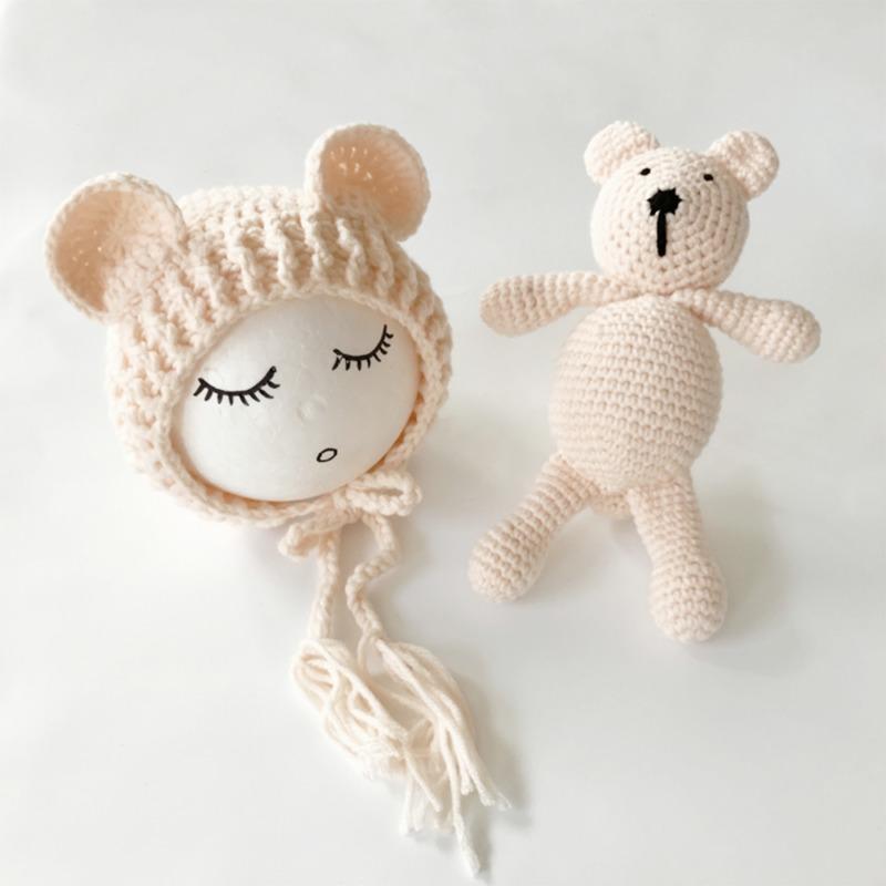 Изображение товара: Шапочка с ушками для новорожденных девочек и мальчиков, вязаная крючком, ручной работы, Детская шапка-медвежонок