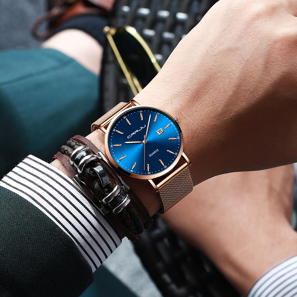 Изображение товара: Мужские наручные часы CRRJU, синие повседневные часы с сетчатым ремешком, водонепроницаемые и противоударные часы с розовыми стрелками, 2019