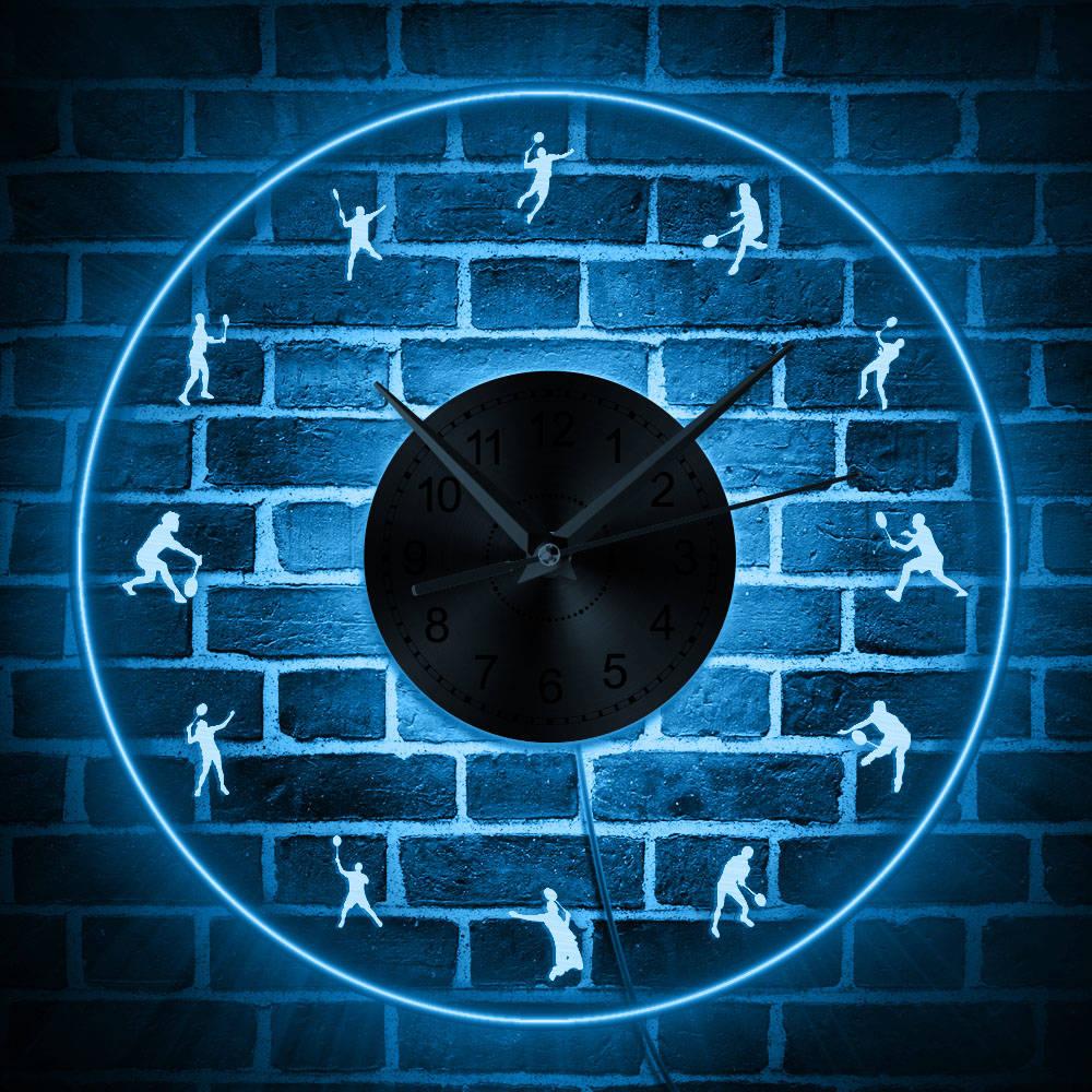 Изображение товара: Проигрыватель для бадминтона силуэт светодиодный Цвет Изменение декоративные настенные часы ракетка для бадминтона Современный спорт настенный светильник подарок для спортсмена