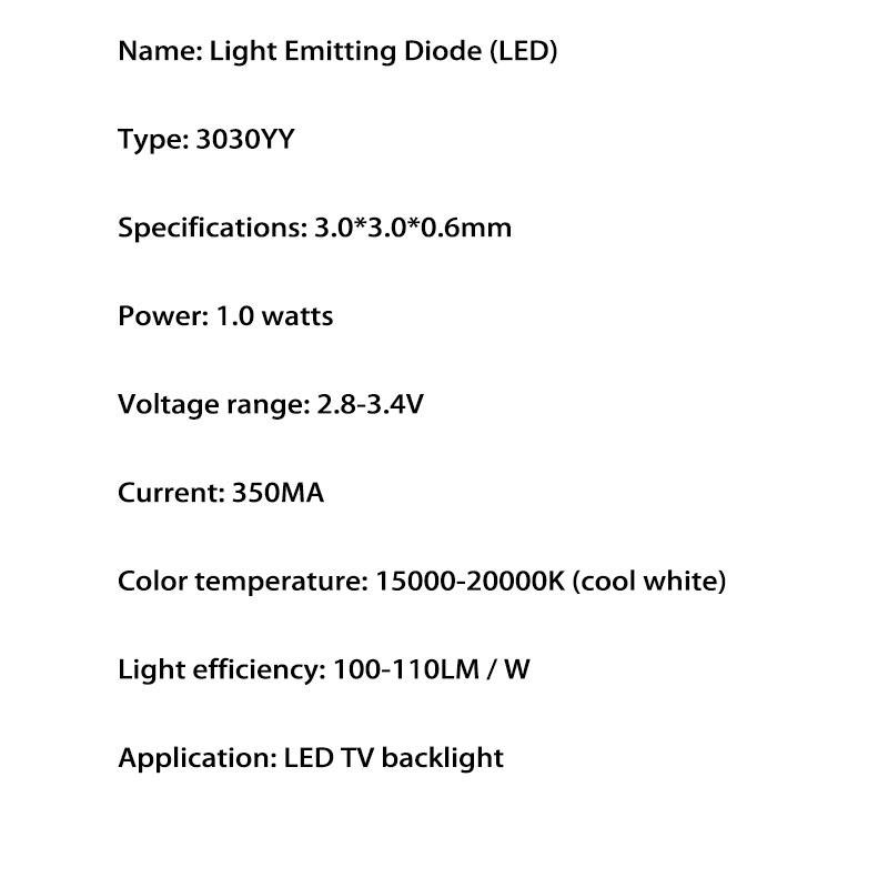 Изображение товара: Yongyuekeji 200 шт./лот Новый светодиод smd 3030 3 в мА 1 Вт лампы бусины холодный белый для ремонта ТВ ЖК Подсветка Лидер продаж