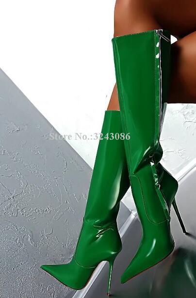 Изображение товара: Привлекательные сапоги до колена из лакированной кожи на очень тонком каблуке, женские длинные сапоги с острым носком, модная Женская Клубная обувь большого размера