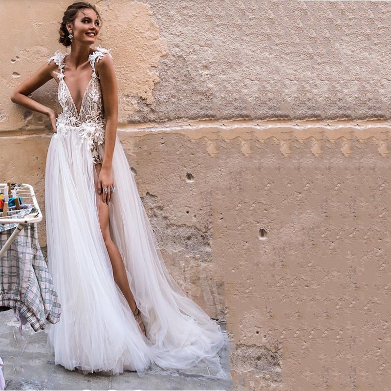 Изображение товара: Платье Свадебное Smileven в стиле бохо, длинное кружевное ТРАПЕЦИЕВИДНОЕ, с открытой спиной, с V-образным вырезом, с кружевной аппликацией, в стиле бохо, 2019
