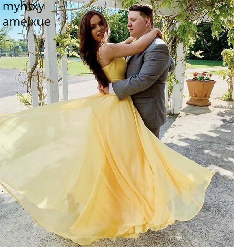 Изображение товара: Женское вечернее платье на бретелях-спагетти, желто-красное шифоновое ТРАПЕЦИЕВИДНОЕ ПЛАТЬЕ С Боковым Разрезом и молнией сзади, новинка 2021
