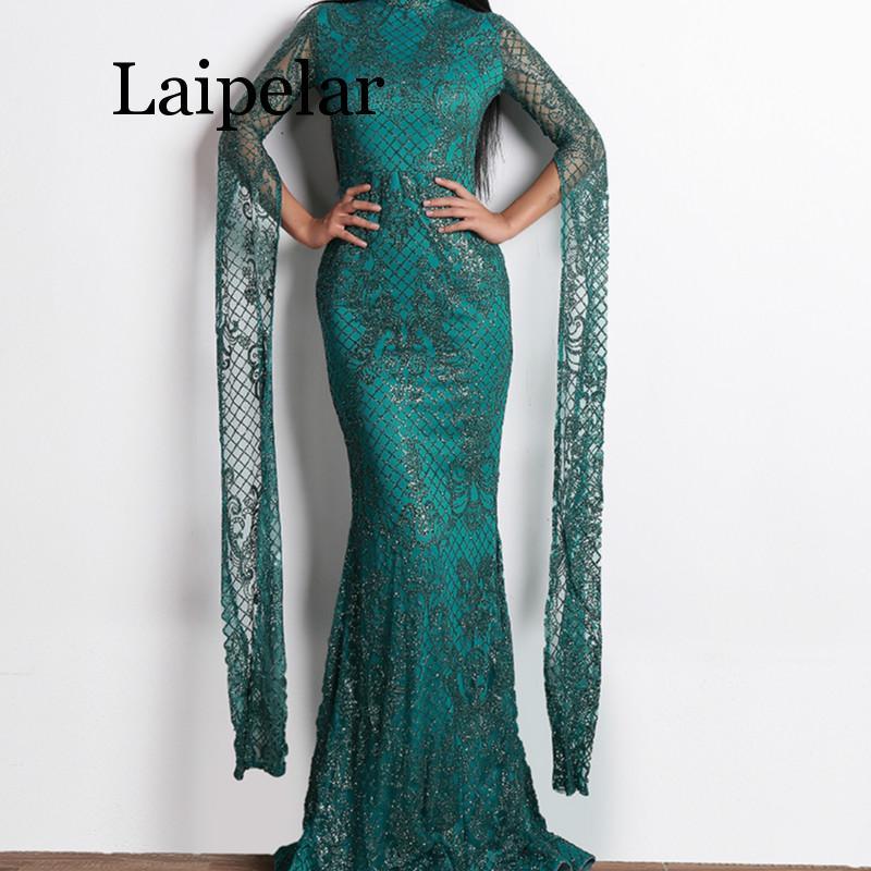 Изображение товара: Женское блестящее платье Laipelar с высоким воротом и длинным рукавом, элегантное вечернее платье с разрезом, 2019