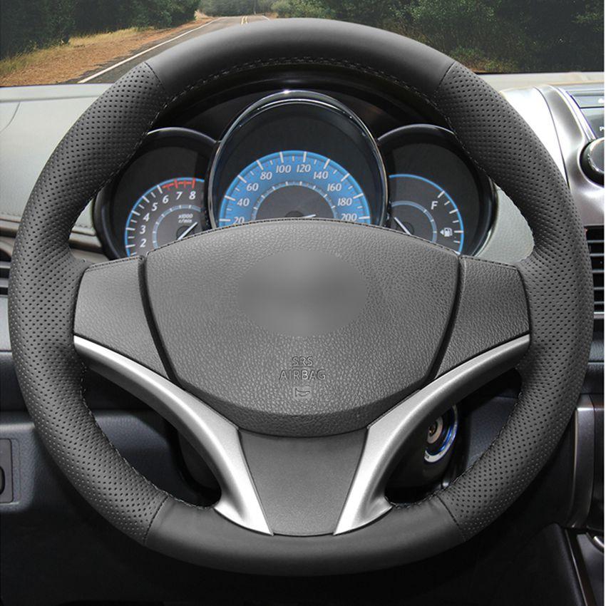 Изображение товара: Черный искусственный кожаный чехол на руль ручной работы Чехлы рулевого колеса автомобиля для Toyota Vios 2014-2016