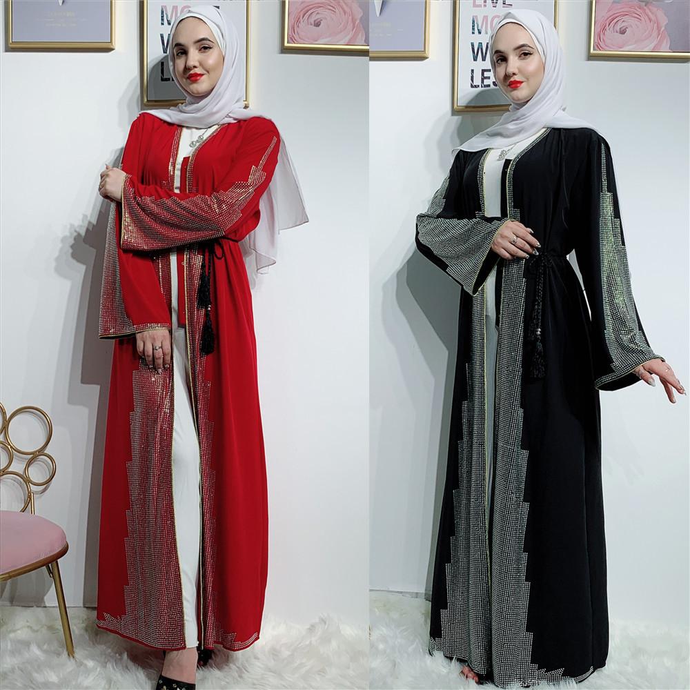 Изображение товара: Роскошный кардиган с бисером и бриллиантами, мусульманская абайя, длинное платье-кимоно, длинное платье, платья, Дубай, Ближний Восток, Арабская и Исламская одежда