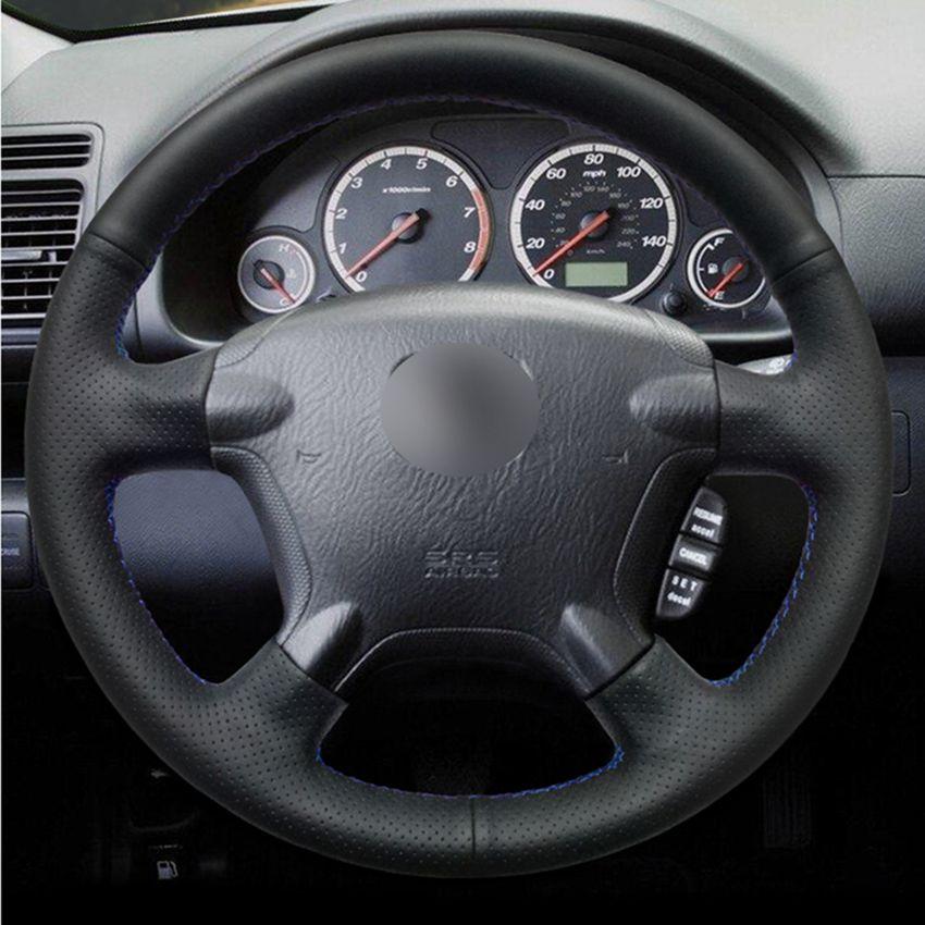 Изображение товара: Сшитый вручную чехол на руль, черные чехлы рулевого колеса автомобиля из искусственной кожи для Honda CR-V CRV 2002-2006