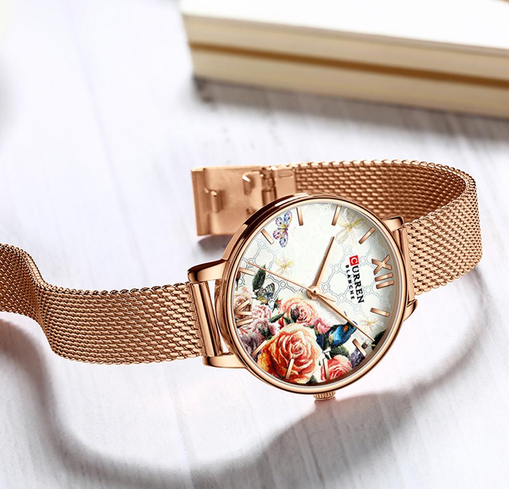 Изображение товара: Часы CURREN женские кварцевые, модные роскошные Дизайнерские наручные, из розового золота с бриллиантами, подарок для женщин, 2019