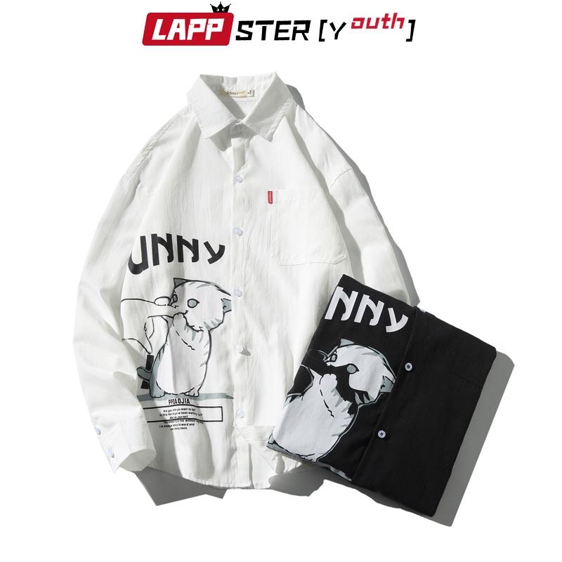 Изображение товара: Забавные мужские рубашки LAPPSTER в стиле Харадзюку с изображением кота 2022 Kpop парные рубашки с длинным рукавом карманные корейские модные белые рубашки в стиле хип-хоп